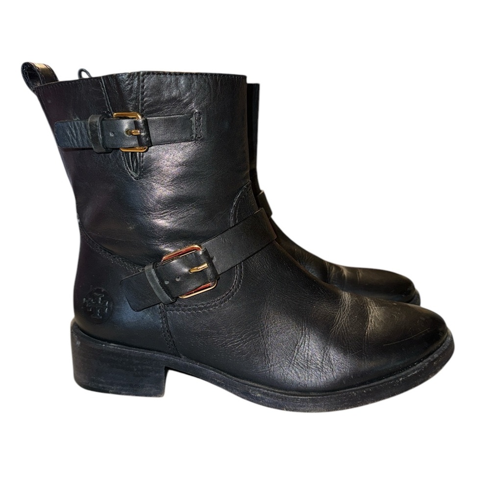 Tory Burch Bennie Wmn’s 8 Moto Black Leather Buckled Ankle Biker Riding Boots